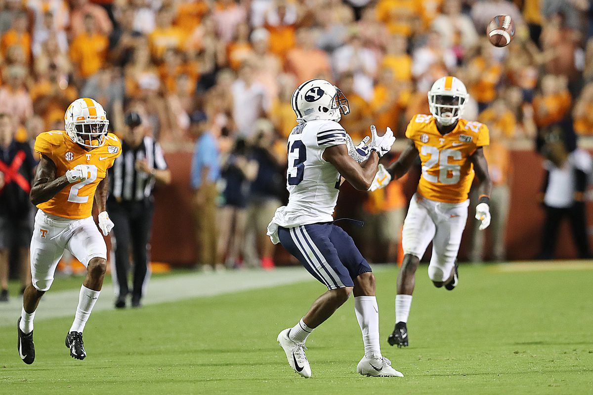 Brigham Young Cougars wide receiver Micah Simon (13) looks to make a long catch setting up the game-tying field goal as BYU and Tennessee play a game in Knoxville on Saturday, Sept. 7, 2019. BYU won 29-26 in double overtime.