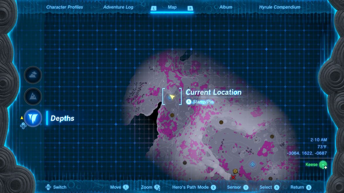 A screenshot of the map location of the Kawumoro Lightroot in Zelda: Tears of the Kingdom