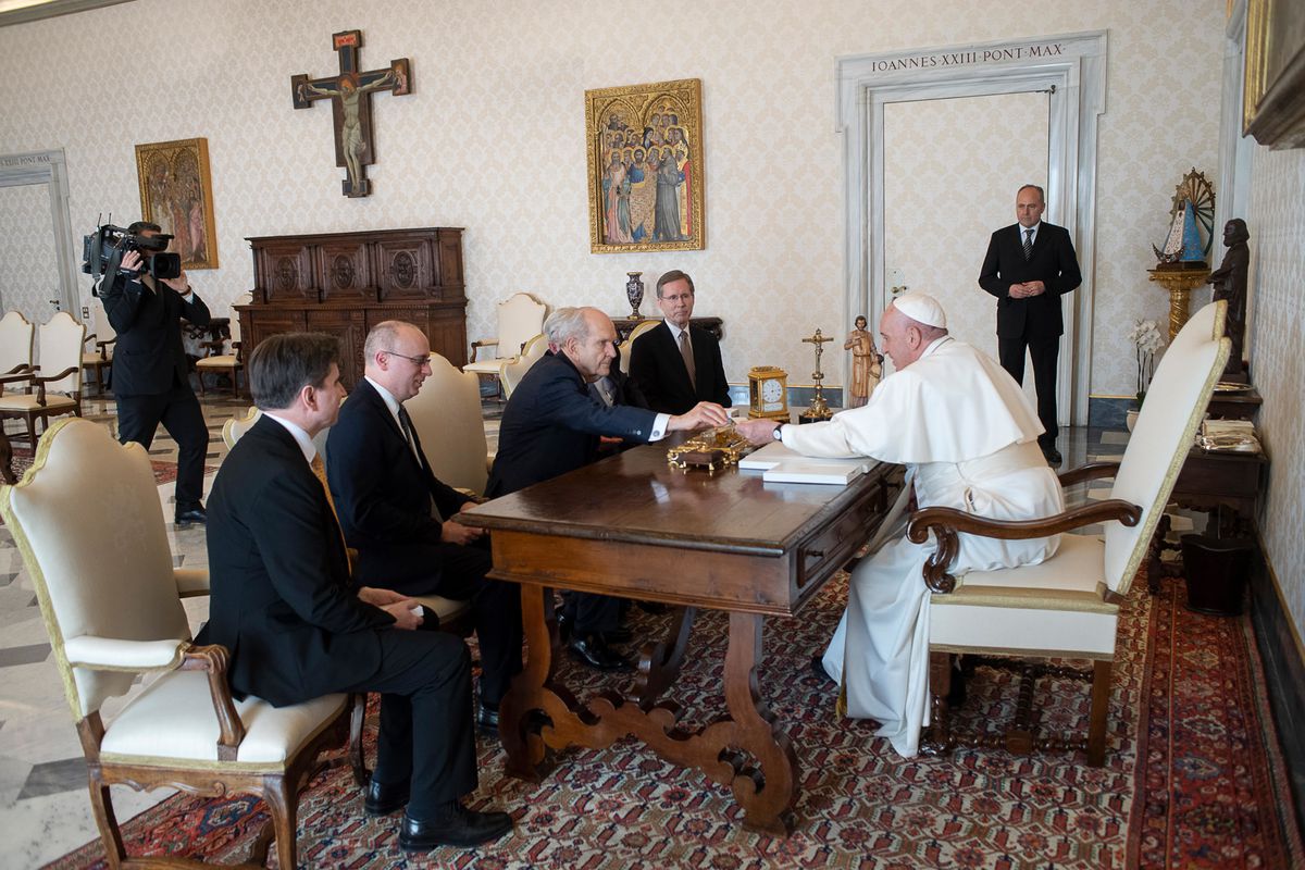 President Russell M. Nelson of The Church of Jesus Christ of Latter-day Saints and President M. Russell Ballard, president of the Quorum of the Twelve Apostles, meet with Pope Francis at the Vatican in Rome, Italy on Saturday, March 9.