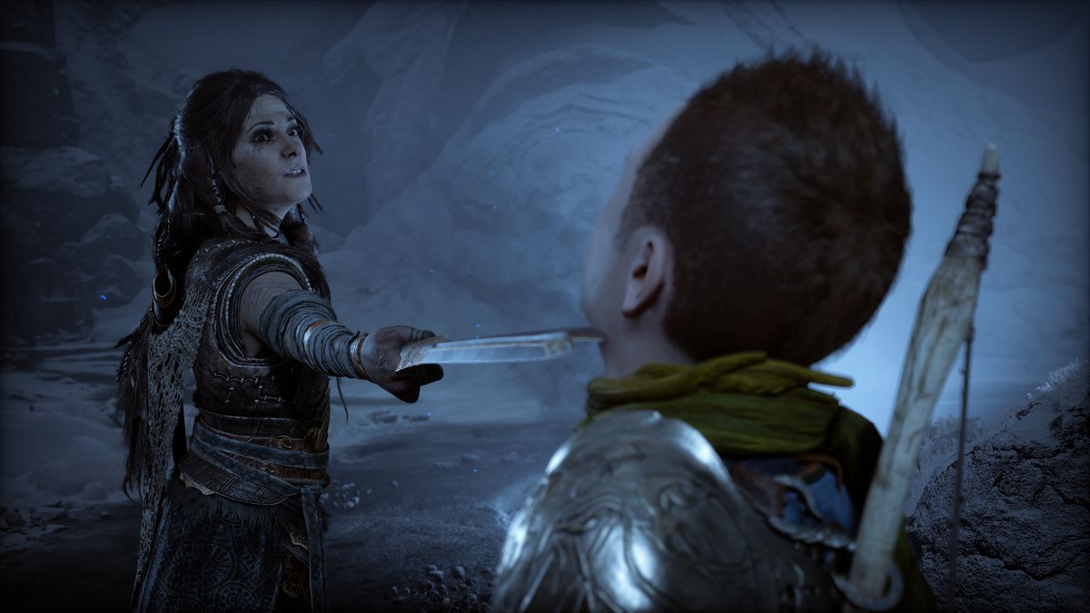 Freya holding her sword at Atreus’ throat in God of War Ragnarök