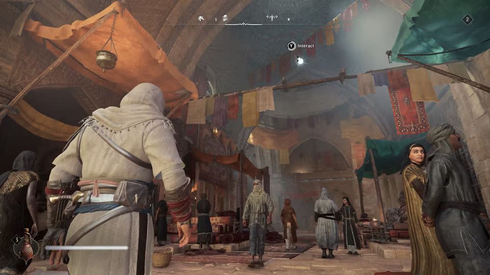 Basim observes the rafters in a bazaar in Baghdad in Assassin’s Creed Mirage