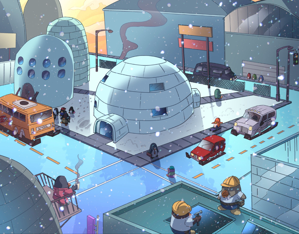 A city street scene of penguins driving on ice roads with igloo houses on the corner.