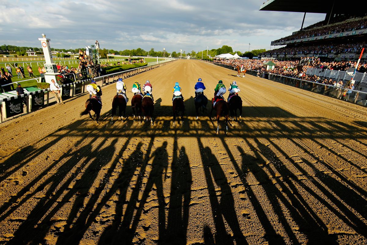 The field leaves the starting gate at the beginning of the 147th running of the Belmont Stakes at Belmont Park on June 6, 2015 in Elmont, New York.