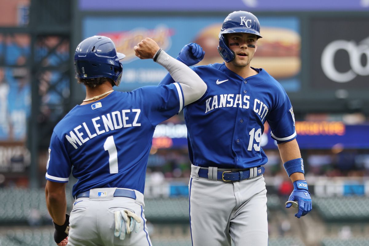 Michael Massey #19 of the Kansas City Royals celebrates his third inning two run home run with MJ Melendez #1 while playing the Detroit Tigers at Comerica Park on September 28, 2023 in Detroit, Michigan.