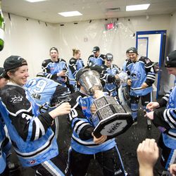 The Buffalo Beauts celebrate winning the Isobel Cup over the Boston Pride at Tsongas Arena in Lowell, MA on March 19.