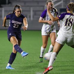 The East Carolina Pirates take on the UConn Huskies in a women’s college soccer game at Dillon Stadium in Hartford, CT on September 26, 2019.
