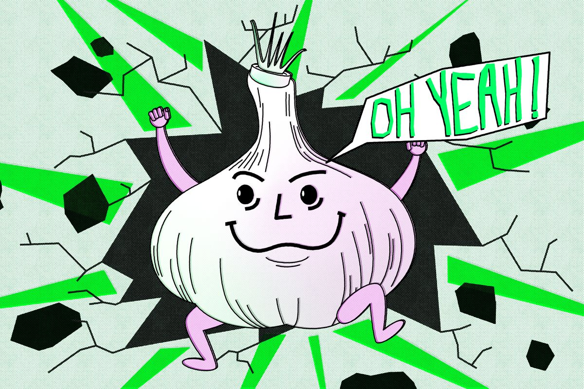 Illustration of a large garlic bulb busting through a wall while saying “oh yeah!”
