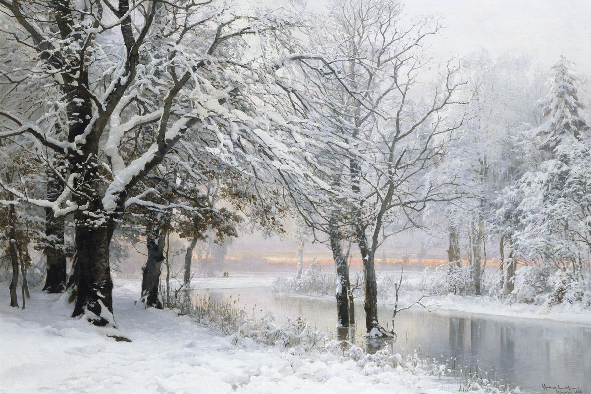 A painting of a quiet wintertime scene near a lake with a faint glow of orange sunlight in the distance. 
