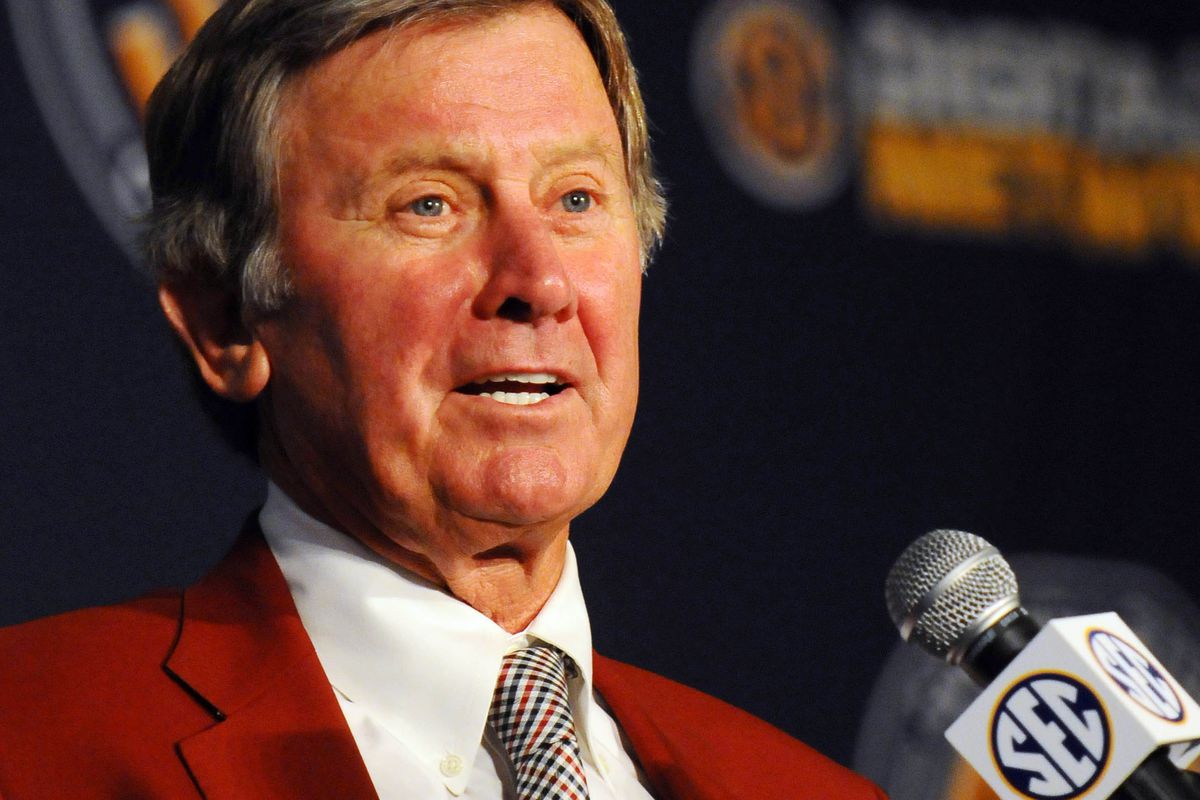 July 17, 2012; Hoover, AL, USA;  South Carolina Gamecocks head coach Steve Spurrier speaks during a press conference at the 2012 SEC media days event at the Wynfrey Hotel.   Mandatory Credit: Kelly Lambert-US PRESSWIRE