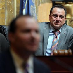 House Speaker Greg Hughes, R-Draper, listens as Sen. Mike Lee, R-Utah, addresses the Utah House of Representatives in Salt Lake City, Wednesday, Feb. 18, 2015.

 