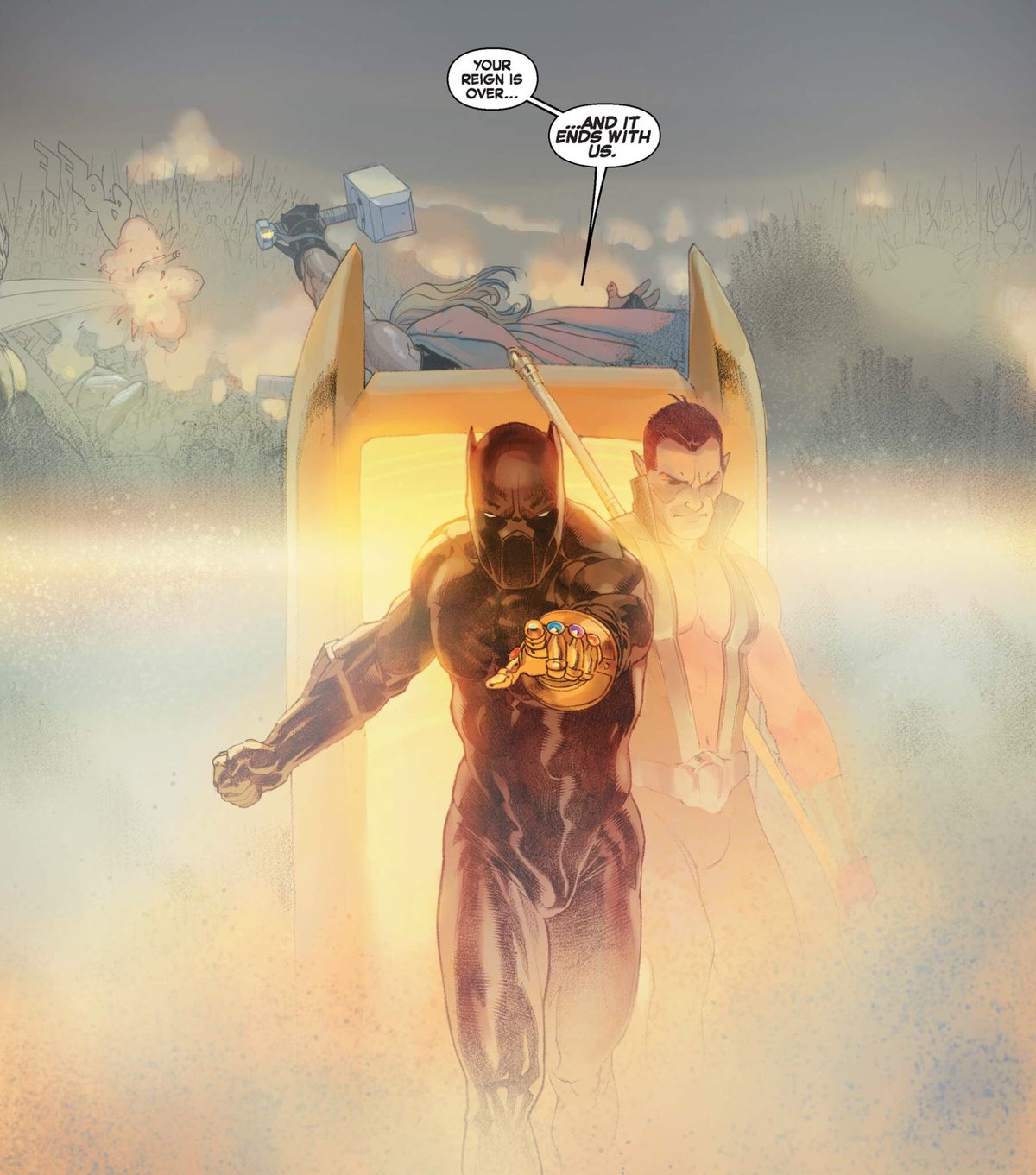 Namor and Black Panther step out of the Siege Perilous. Black Panther has the Infinity Gauntlet on, and is pointing ahead of himself. “Your reign is over,” he says, “And it ends with us,” in Secret Wars, Marvel Comics (2015). 
