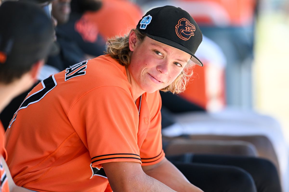 Jackson Holliday of the Baltimore Orioles looks on during a minor league spring training game against the Atlanta Braves at the Buck ONeil Baseball Complex on March 21, 2023 in Sarasota, Florida.