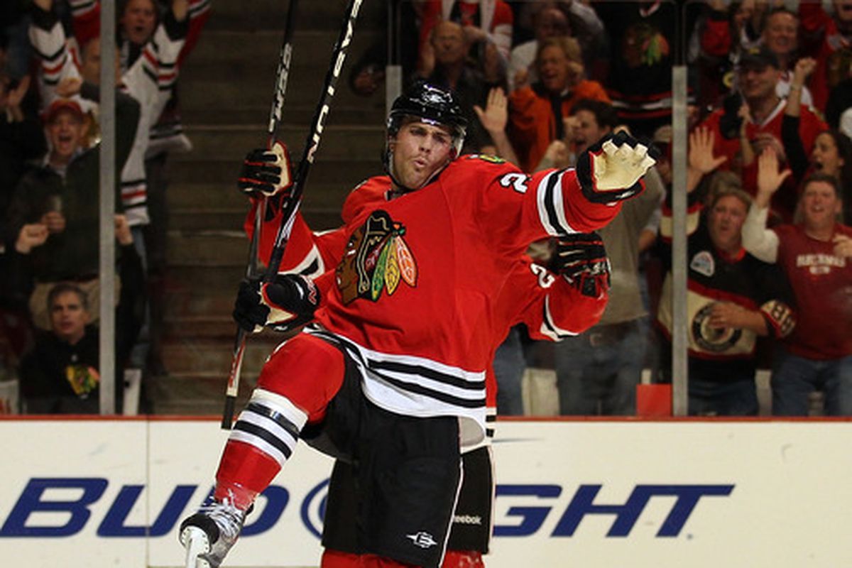 Viktor Stalberg of the Chicago Blackhawks celebrates a 1st period goal aganst the Vancouver Canucks at the United Center on October 20 2010 in Chicago Illinois. (Photo by Jonathan Daniel/Getty Images)