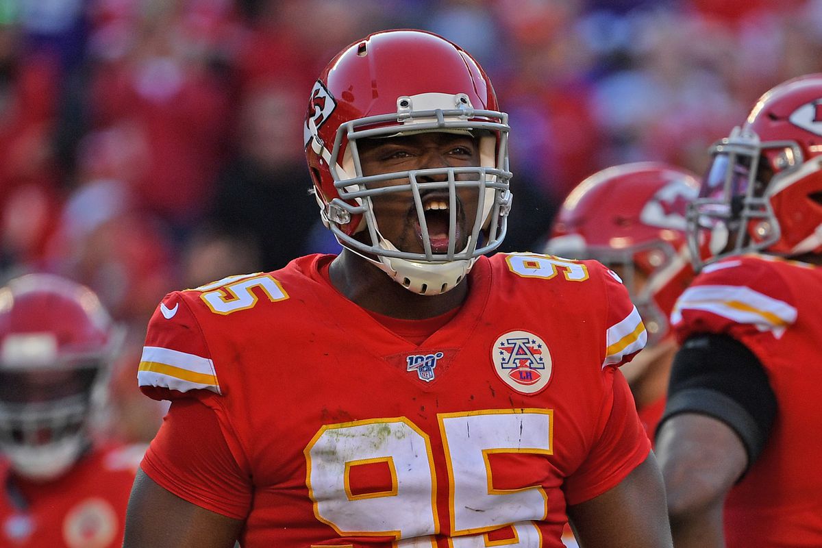 Defensive end Chris Jones of the Kansas City Chiefs reacts to the crowd during the second half against the Minnesota Vikings at Arrowhead Stadium on November 3, 2019 in Kansas City, Missouri.