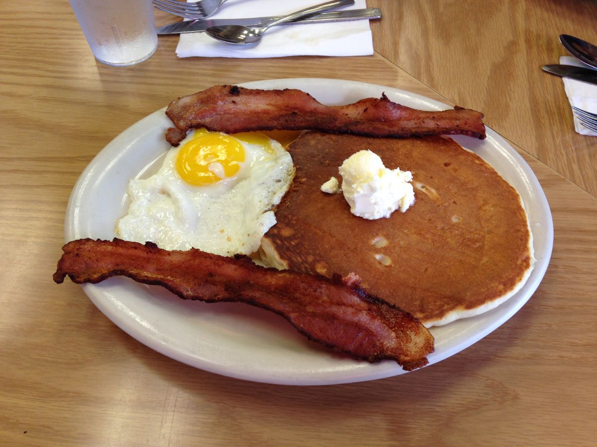 Eggs, pancakes, and bacon from Fuller’s Coffee Shop in Portland, Oregon.