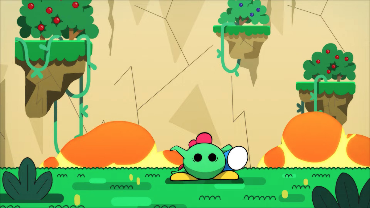 poinpy from the mobile game from devolver digital and netflix, poinpy. it has a colored 2D art style and poinpy looks like a little dinosaur who jumps.