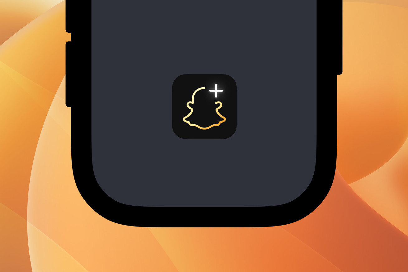 A black icon with Snapchat’s ghost logo outlined in gold with a plus badge.