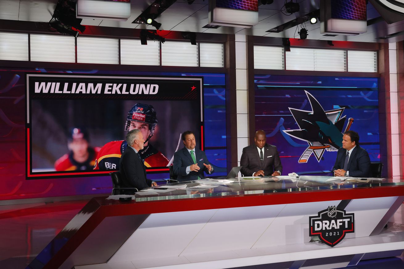 With the seventh pick in the 2021 NHL Entry Draft, the San Jose Sharks select William Eklund during the first round of the 2021 NHL Entry Draft at the NHL Network studios on July 23, 2021 in Secaucus, New Jersey. 