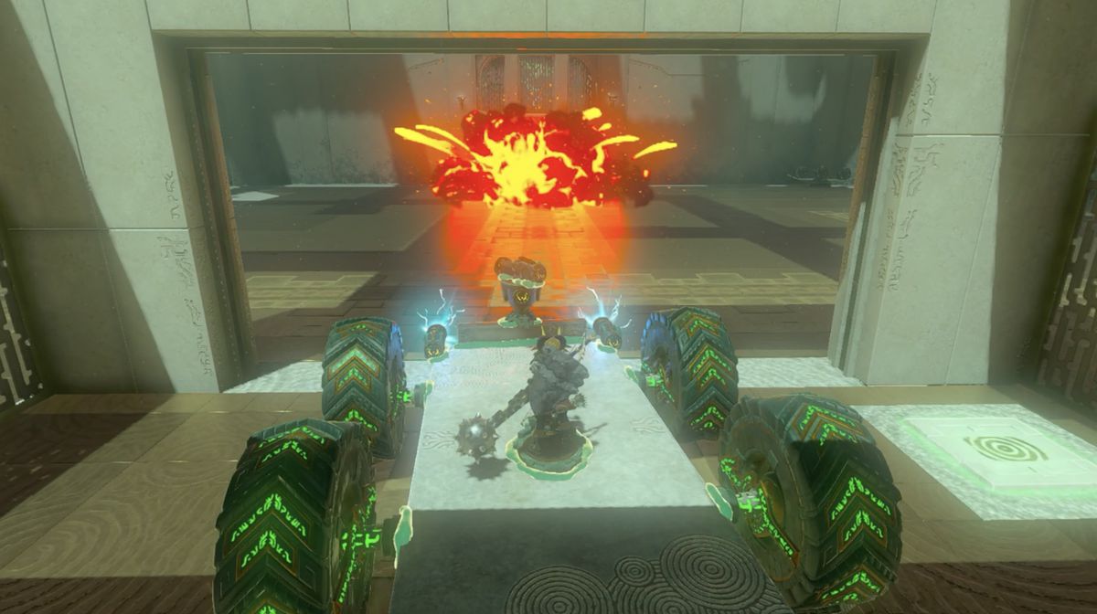 Link drives a big-wheeler war machine in Rasitakiwak Shrine in Zelda: Tears of the Kingdom