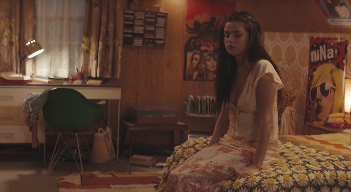 Selena Gomez in a vintage nightgown in the “Bad Liar” music video.