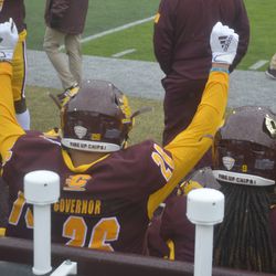 CMU defensive back Demarcus Governor (26) puts up two fists to signify the start of the fourth quarter during the media break.