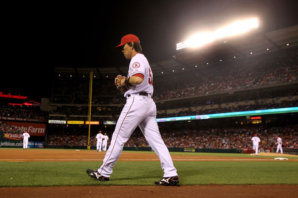 ANAHEIM, CA - APRIL 8: Hideki Matsui #55 of the Los Angeles Angels of Anaheim walks to his left field position during the game with the Minnesota Twins on April 8, 2010 at Angel Stadium in Anaheim, California.    (Photo by Stephen Dunn/Getty Images)
