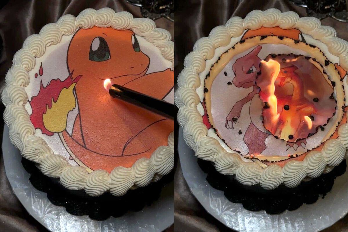 a side-by-side picture of a burn-away cake with two image reveals beneath it. in the left image, the first layer, featuring charmander, is intact. in the second image, the charmander has burned off to show a charmeleon layer that’s burning off to reveal an image of charizard