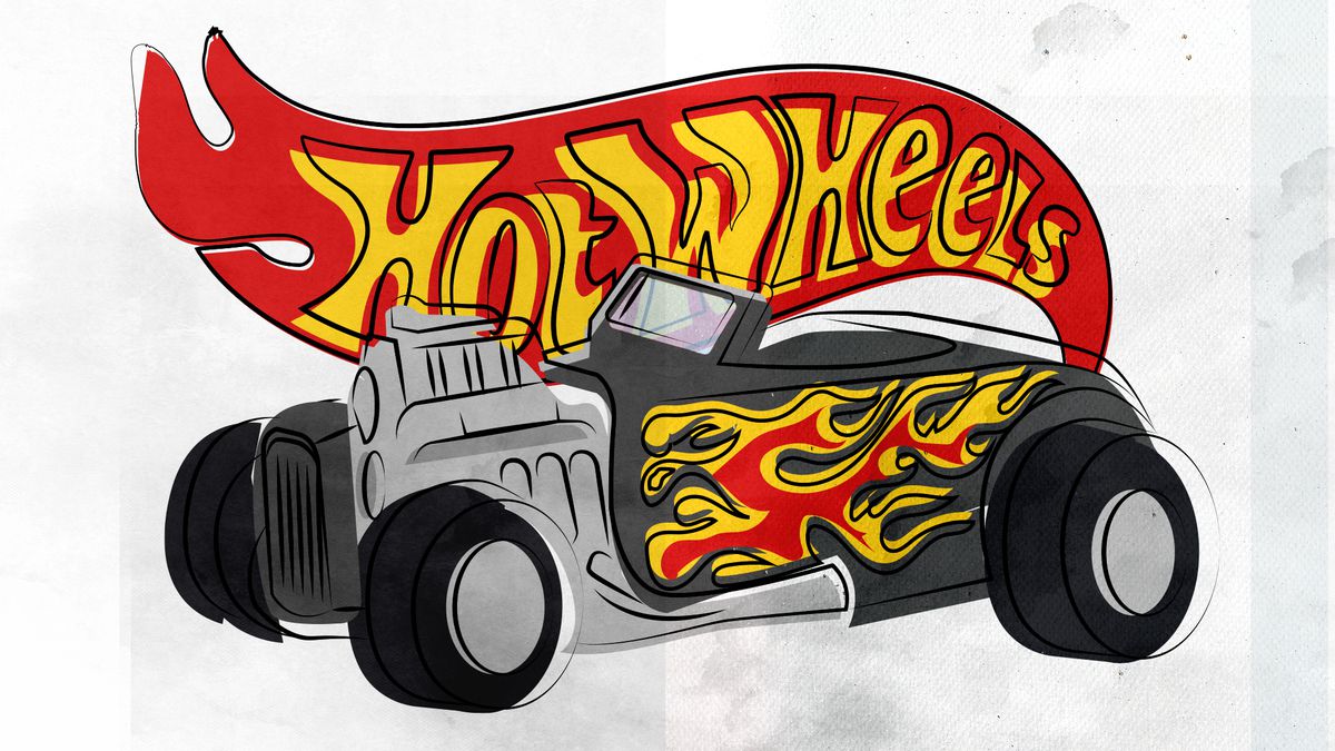 Illustration of a black Hot Wheels roadster with flames on the side in front of an illustrated Hot Wheels logo.