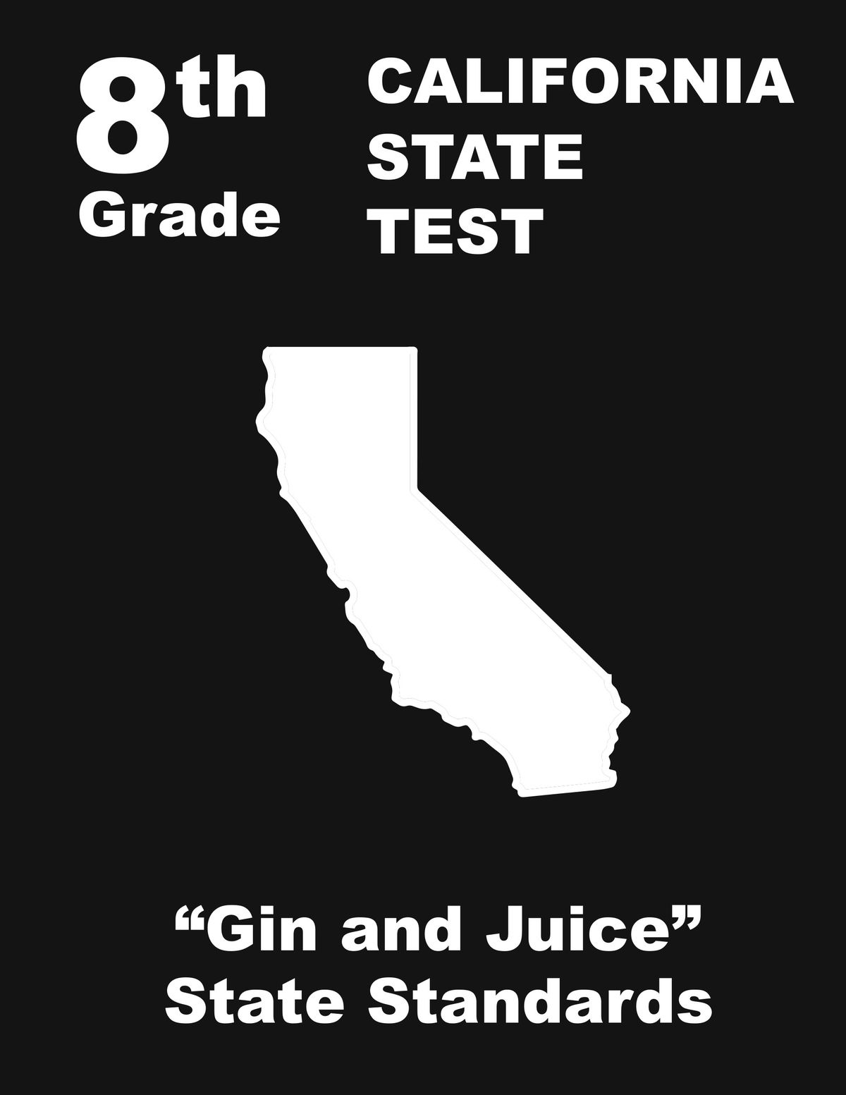 White letters on a black background reading: 8th Grade California State test over an image of Florida. Underneath, it reads: “Gin and Juice” State Standards