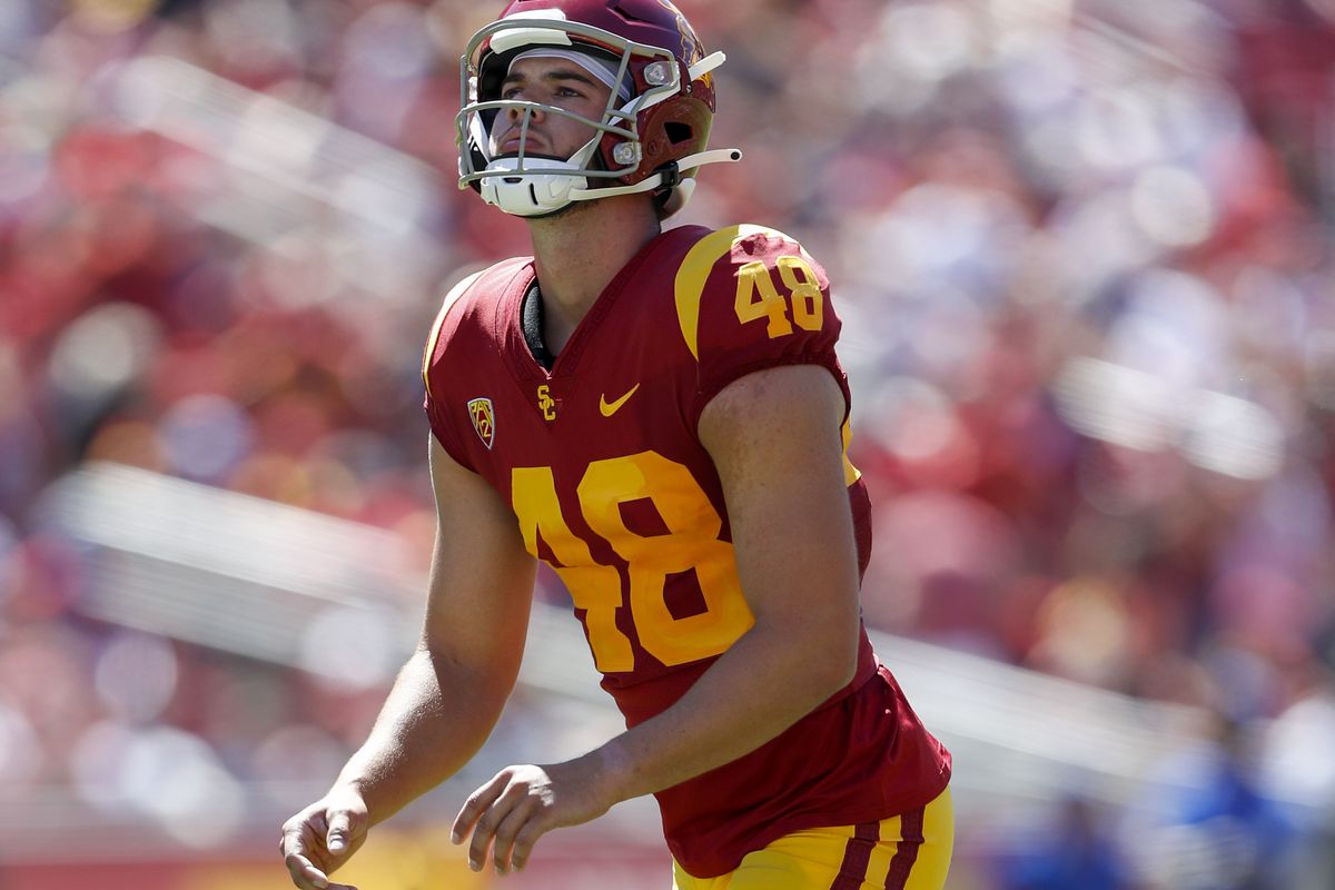USC Trojans place kicker Parker Lewis during a college football game between San Jose State Spartans against the USC Trojans on September 4, 2021, at United Airlines Field at The Los Angeles Memorial Coliseum in Los Angeles, CA.