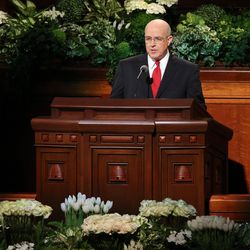 Elder L. Whitney Clayton of the presidency of the Seventy speaks in the Conference Center in Salt Lake City during the morning session of the LDS Church’s 187th Annual General Conference on Sunday, April 2, 2017.