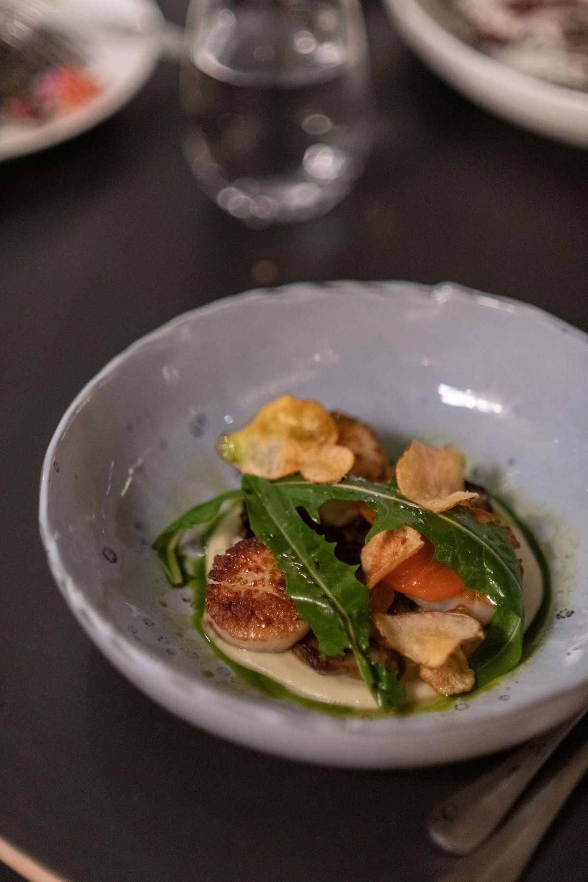 Scallops and greens in a bowl at a dinner restaurant at night.