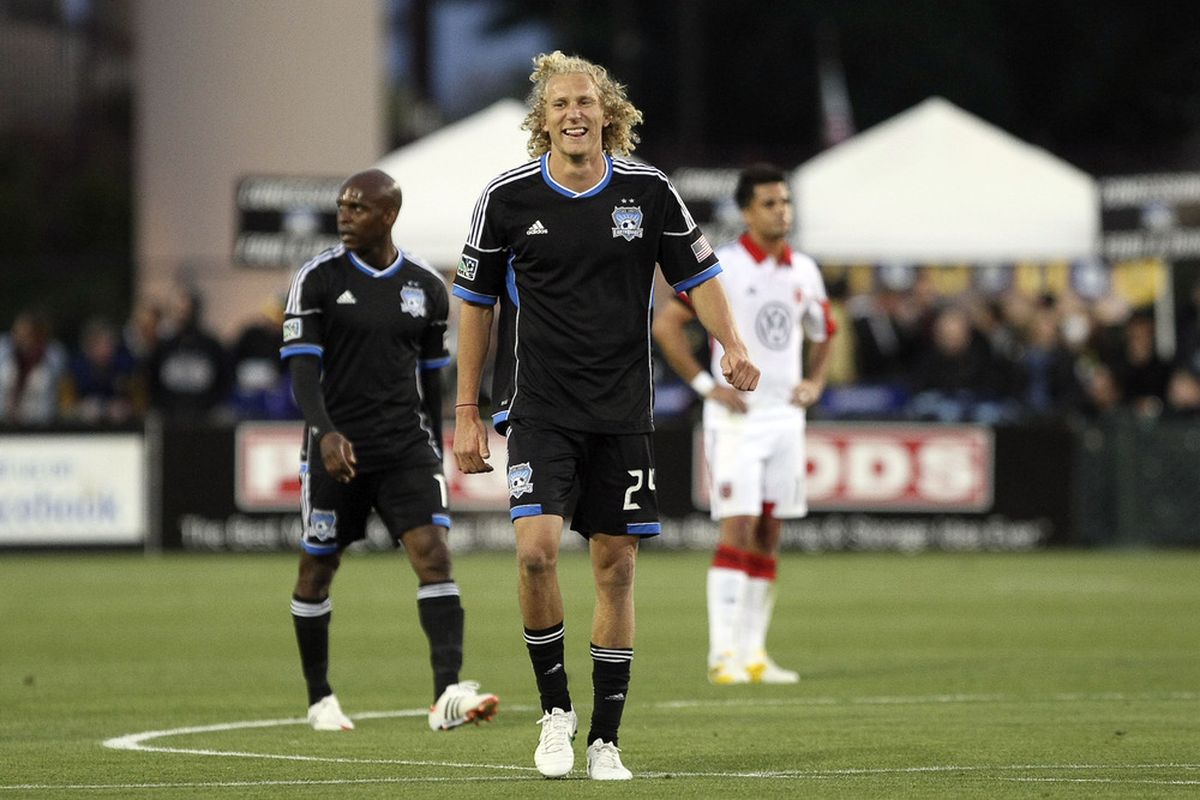 May 02, 2012; Santa Clara, CA, USA; San Jose Earthquakes forward Steven Lenhart (24) smiles after scoring a goal against D.C. United during the first half at Buck Shaw Stadium. Mandatory Credit: Kelley L Cox-US PRESSWIRE