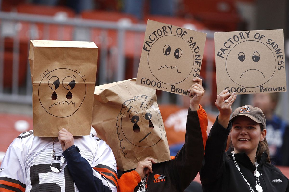 CLEVELAND, OH - NOVEMBER 13:  Cleveland Browns fans react after their 13-12 loss to the St. Louis Rams at Cleveland Browns Stadium on November 13, 2011 in Cleveland, Ohio.  (Photo by Matt Sullivan/Getty Images)