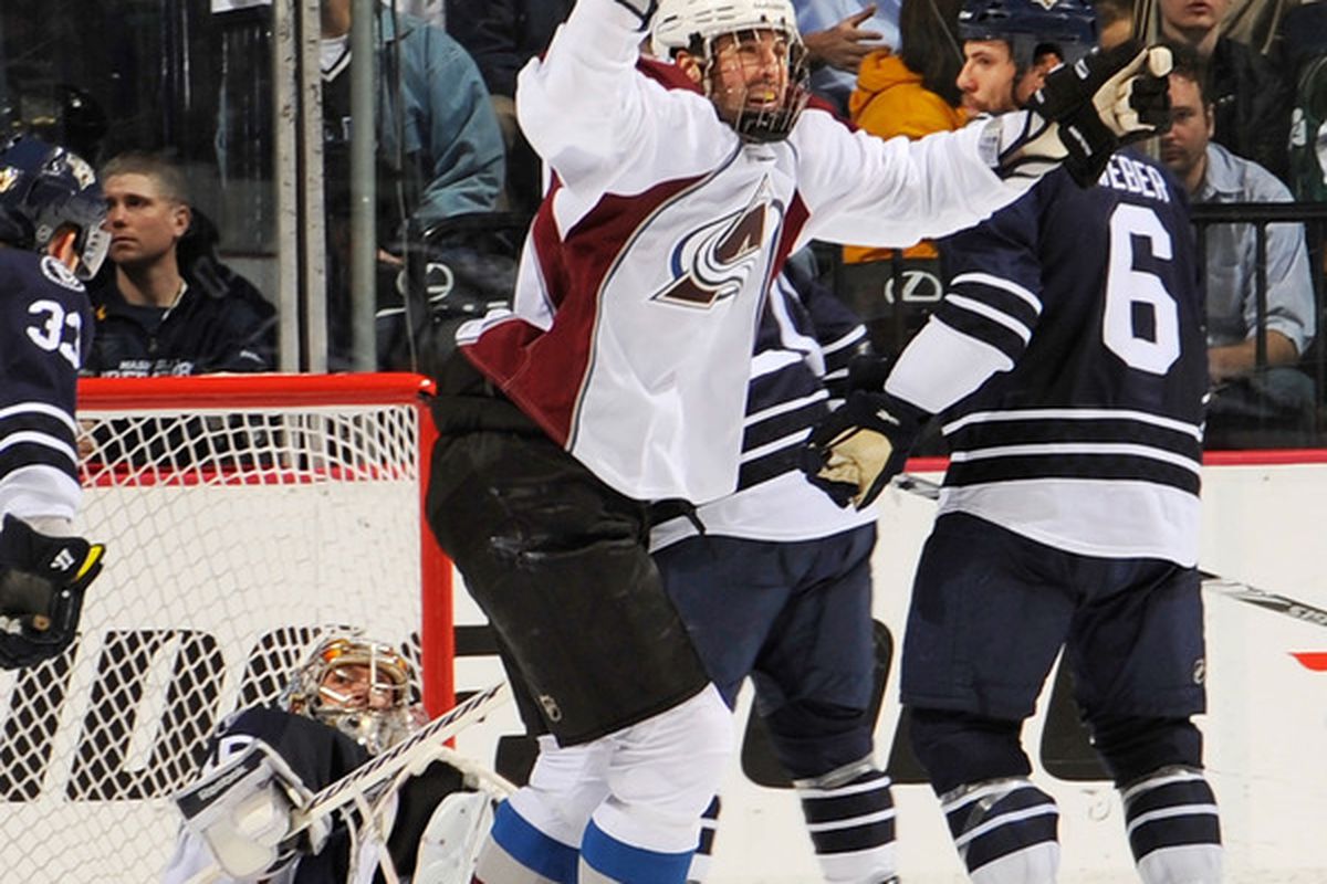 NASHVILLE, TN - MARCH 12:   Ryan O'Byrne #3 of the Colorado Avalanche celebrates after a goal against the Nashville Predators on March 12, 2011 at the Bridgestone Arena in Nashville, Tennessee.  (Photo by Frederick Breedon/Getty Images)