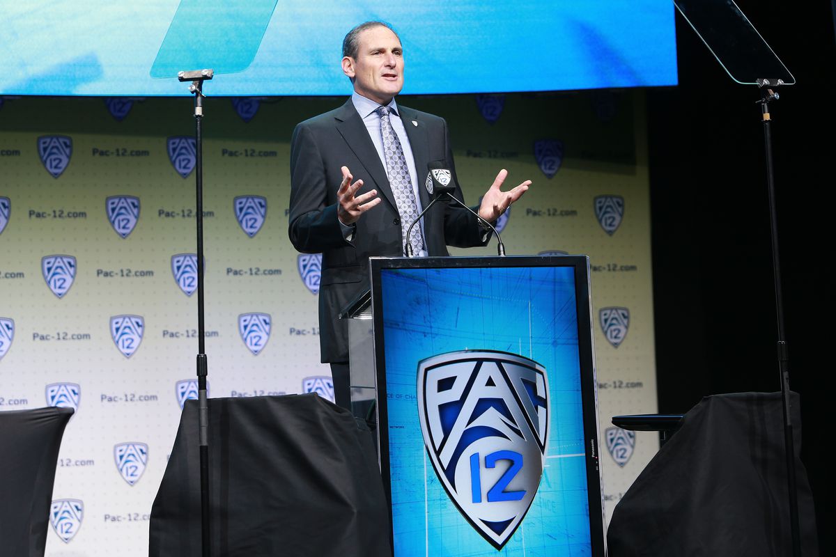 Commissioner Larry Scott speaks to the media during PAC12 Media Days on July 26, 2017 in Hollywood, California.