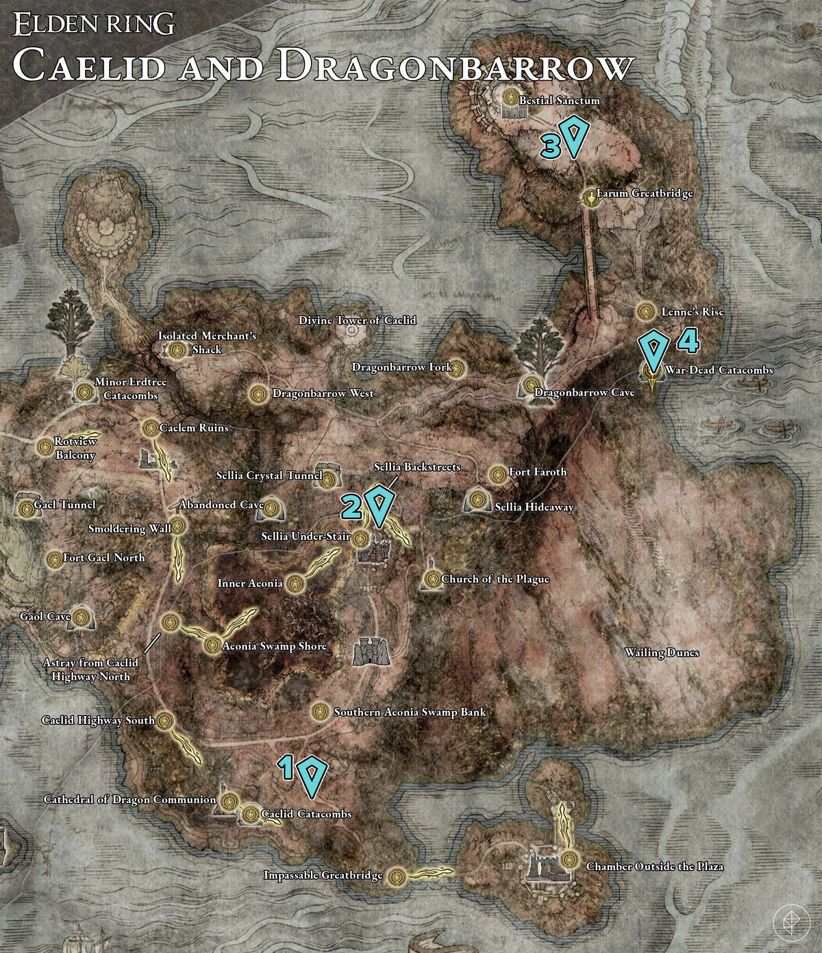 Map showing the Caelid and Dragonbarrow golden seed locations.