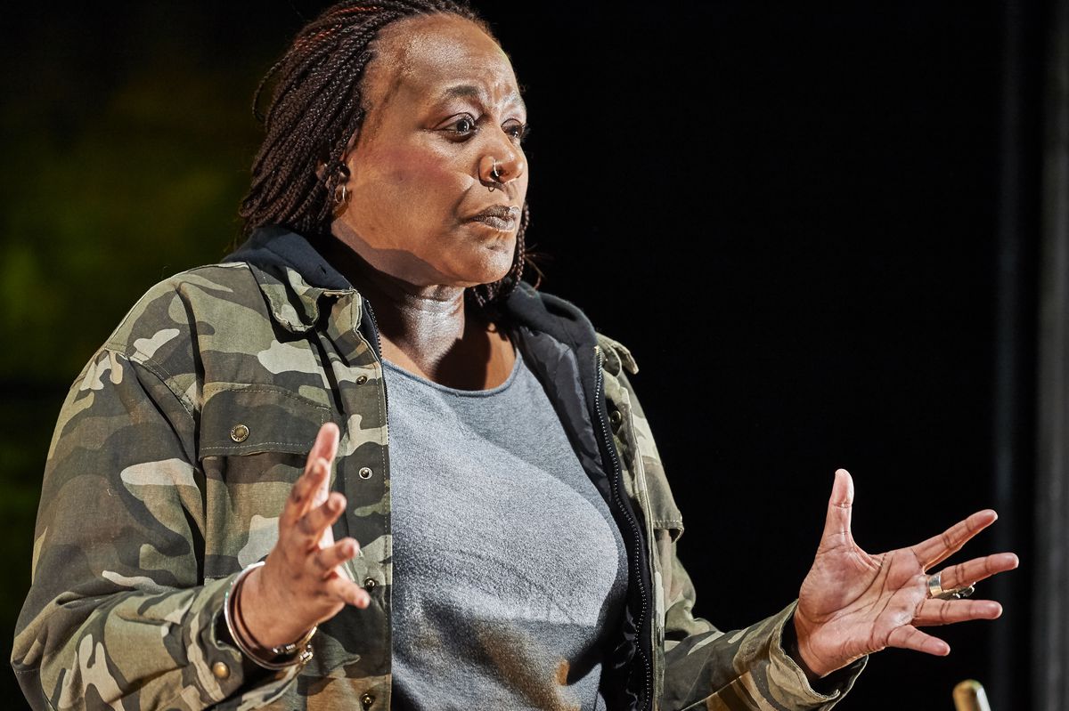 Dael Orlandersmith in a scene from the January 5, 2018 dress rehearsal for “Until the Flood” at New York’s Rattlestick Playwrights Theater. | Robert Altman