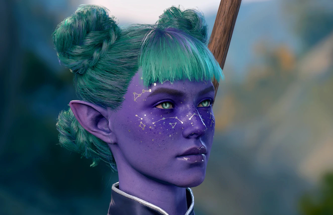 A headshot of a purple-skinned, femme person in Baldur’s Gate 3. They have silver constellation tattoos on their face, courtesy of the CovenElf’s Tattoo and Makeup Collection mod.