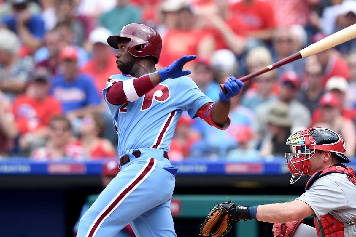 Andrew McCutchen #22 of the Philadelphia Phillies bats against the St. Louis Cardinals at Citizens Bank Park on May 30, 2019 in Philadelphia, Pennsylvania.