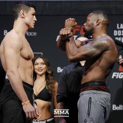 Alessio Di Chirico and Oluwale Bamgbose square off at UFC on FOX 26 weigh-ins at Bell MTS Place in Winnipeg, Manitoba.