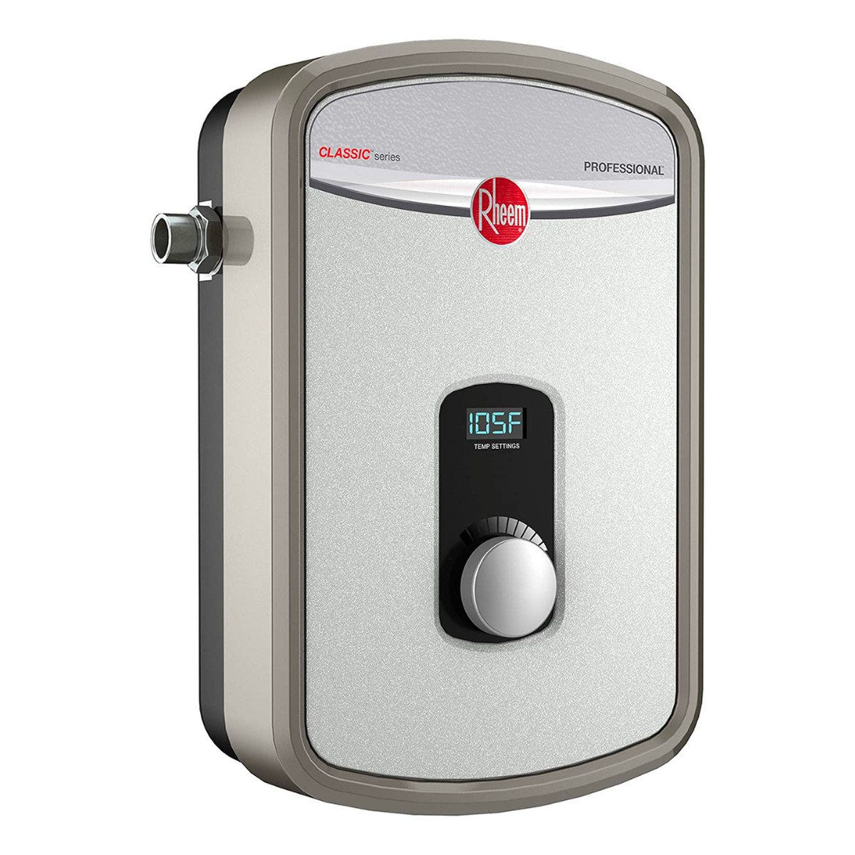 Silver Rheem tankless electric water heater