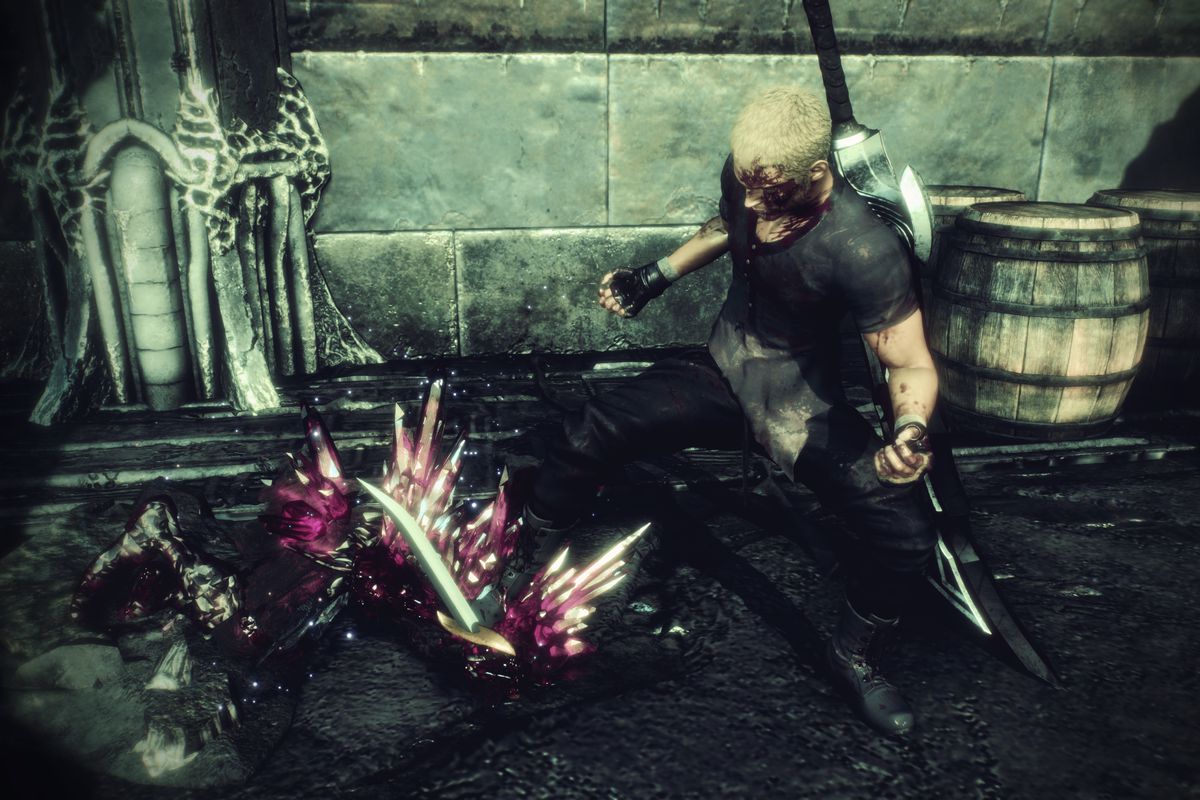 jack from final fantasy origin slays a monster. there’s blood splattered all over his face. 