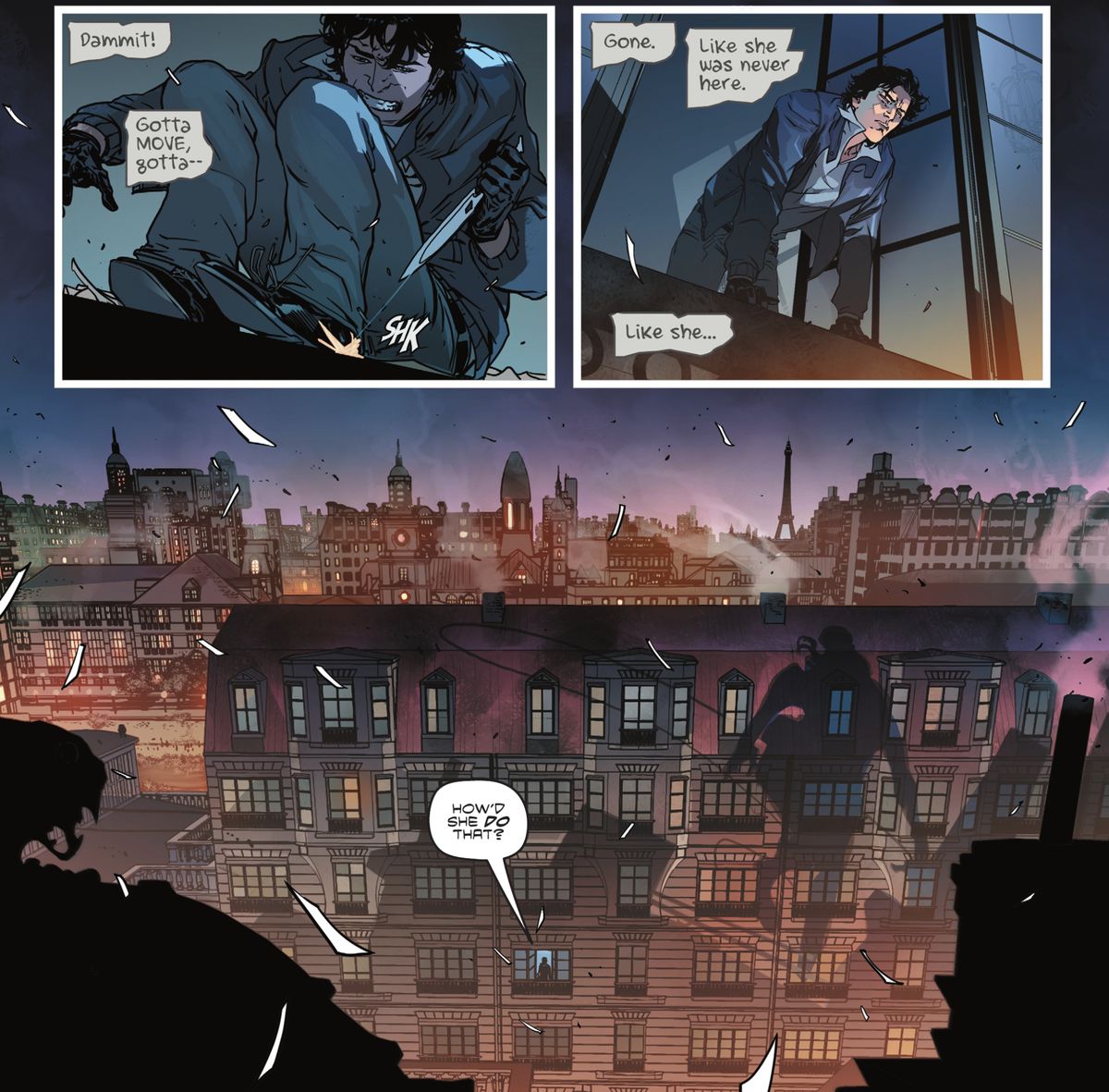 A young Bruce Wayne dashes to a window in pursuit only to find his quarry has disappeared after leaping from it. “How did she do that?” he says aloud, in a panel that forms a large wide shot of the exterior of the building he’s in. The reader can see the shadow of the fleeing woman huge on the building’s facade in Batman: The Knight #2 (2022).