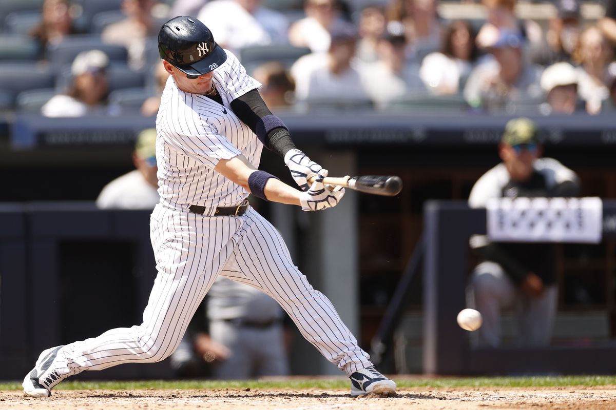 Josh Donaldson #28 of the New York Yankees grounds into a fielders choice allowing Anthony Rizzo #48 (not pictured) to score during the third inning against the Chicago White Sox at Yankee Stadium on May 21, 2022 in the Bronx borough of New York City.