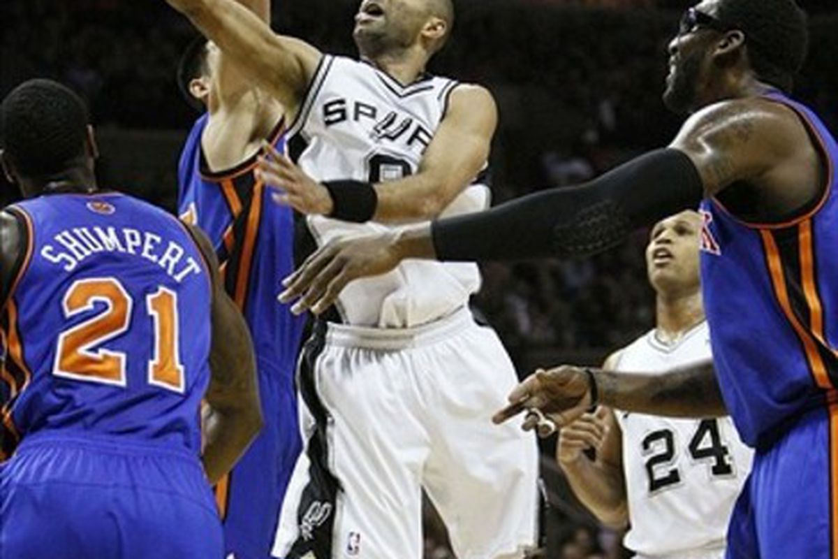 Mar 7, 2012; San Antonio, TX, USA; San Antonio Spurs guard Tony Parker (9) shoots against the New York Knicks during the first half at the AT&T Center. Mandatory Credit: Soobum Im-US PRESSWIRE