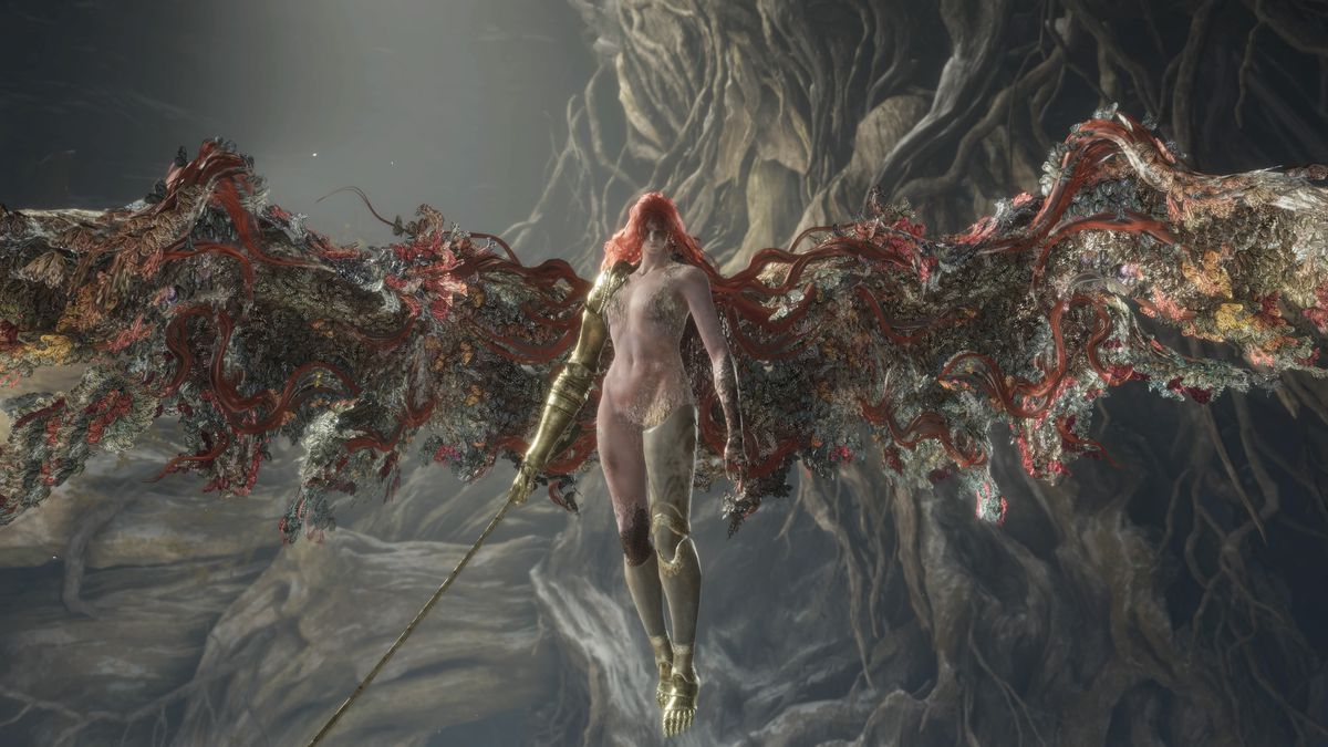 Malenia the severed defender of Miquella soars in the air with large, breathtaking wings made of gnarled red and black rot.  She wears arm and leg armor and is otherwise unclothed, with smooth, doll-like skin.