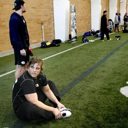 BYU's Braden Brown stretches at the 2013 Pro Day at BYU in Provo on Thursday.