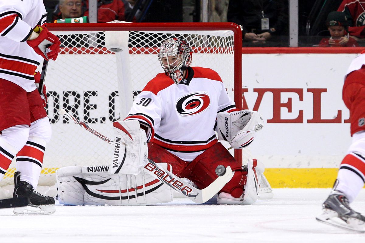 Cam Ward makes an early save before injury against Wild