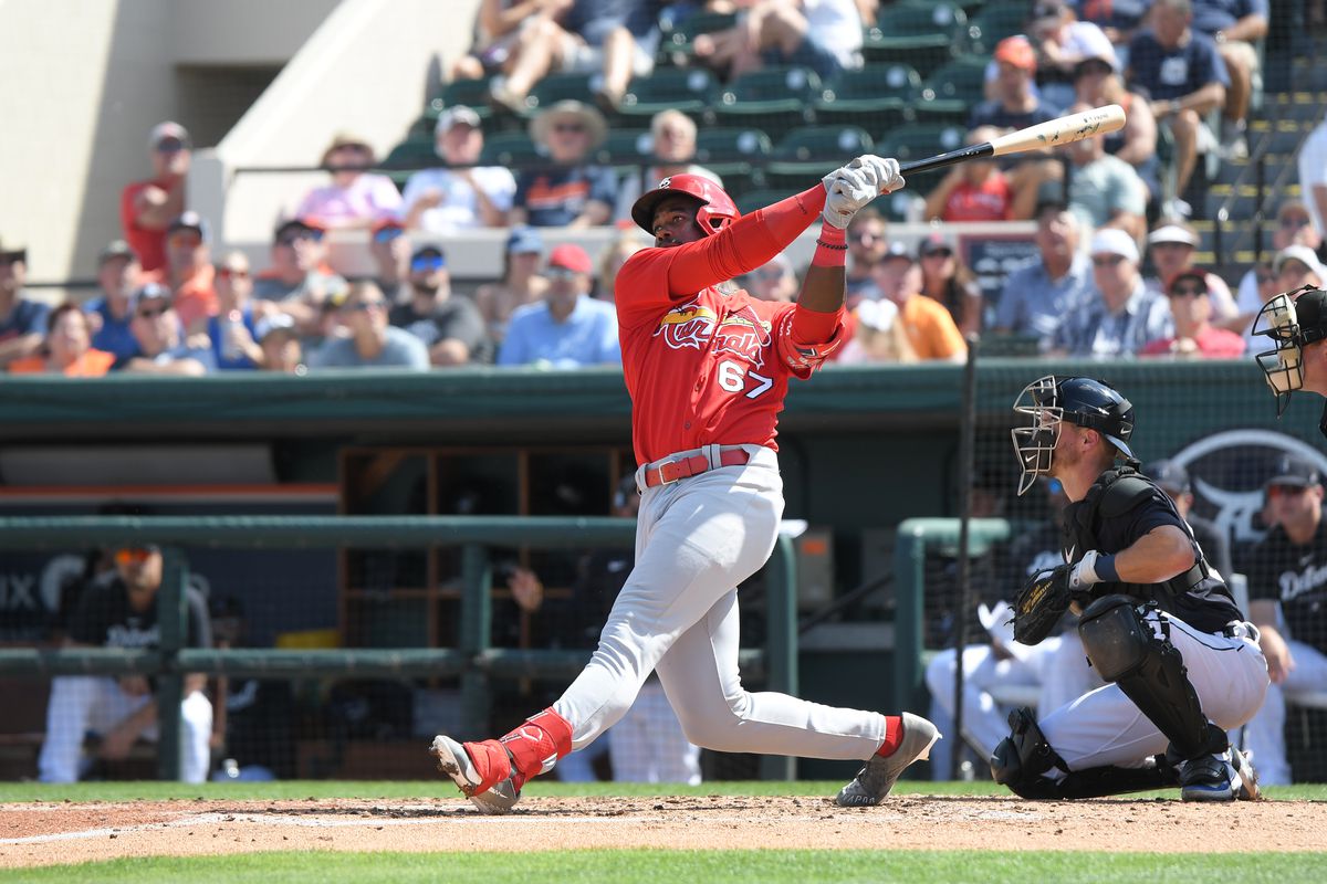 Jordan Walker of the St. Louis Cardinals bats during the Spring Training game against the Detroit Tigers at Publix Field at Joker Marchant Stadium on March 7, 2023 in Lakeland, Florida. The Tigers defeated the Cardinals 16-3.